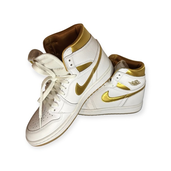 Nike White and Metallic Gold Air Jordan 1 Retro Sneakers - Picture 1 of 13